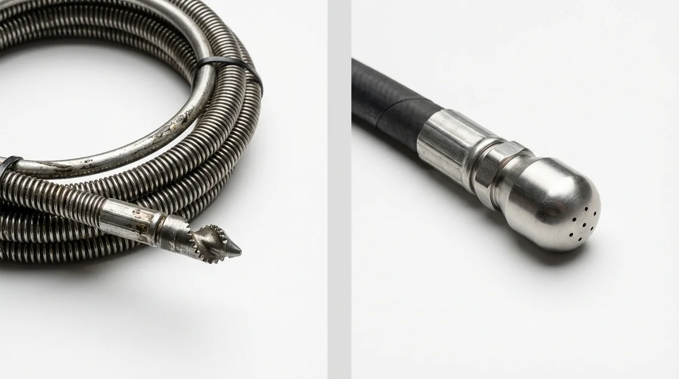 Drain snake cable and hydro jetting nozzle used for drain cleaning in San Marino, CA