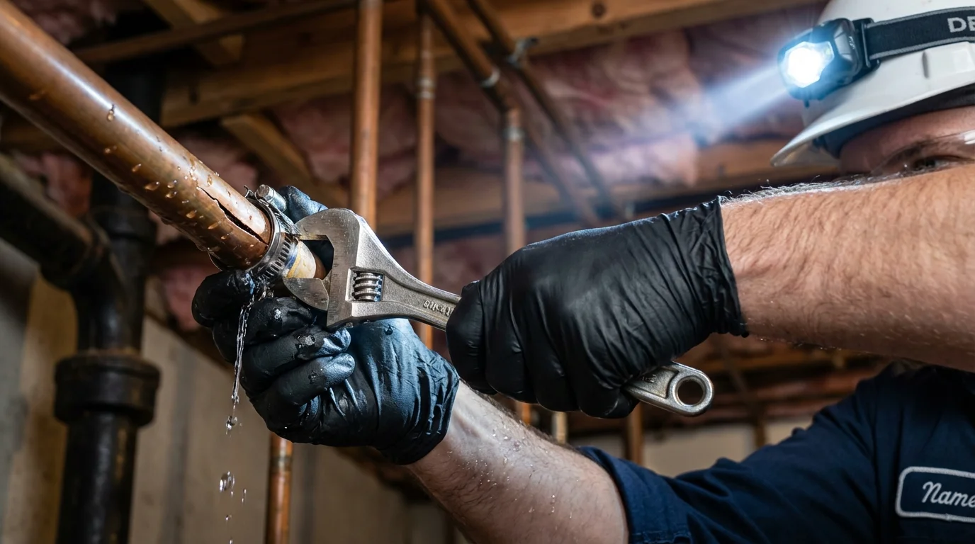 Emergency pipe clamp repair being performed by a Johns Plumbing LLC plumber in San Marino