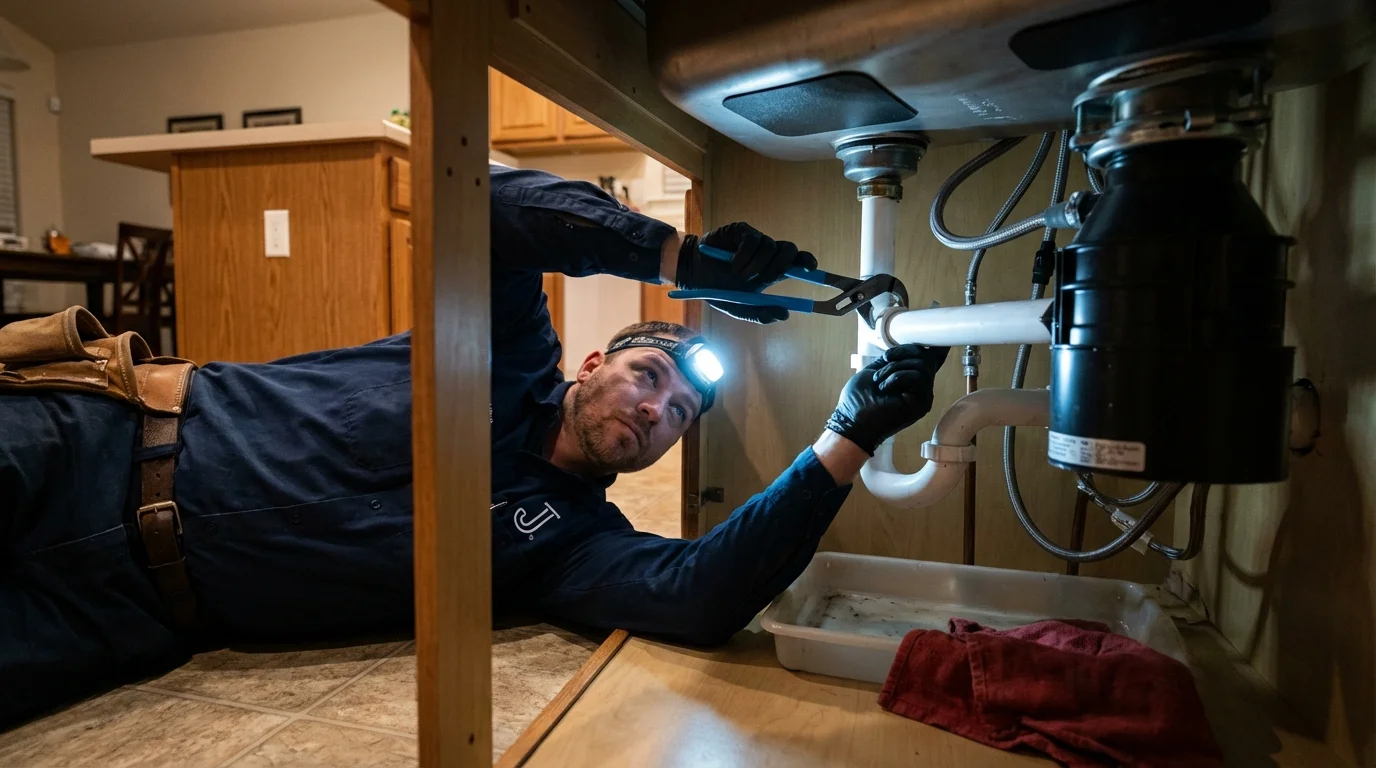 P-trap and supply line connections under a kitchen sink showing a common leak point in San Marino, CA